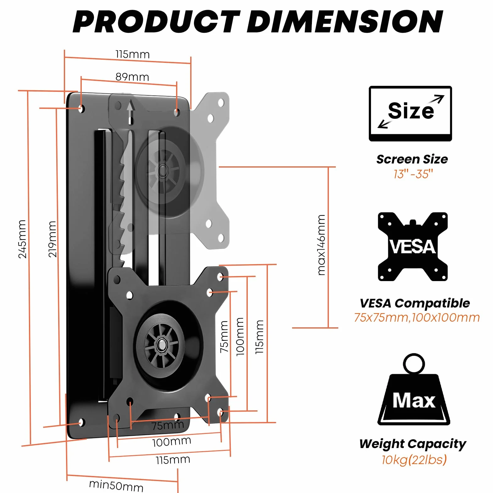 Regolabile in Altezza Supporto Monitor muro Parete da 13-35 Pollici,Supporto per Monitor Capacità di Inclinazione e Rotazione,VESA 75x75/100x100mm Capacità di Carico 10kg