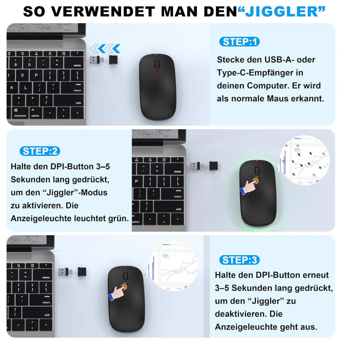 Mouse wireless con modalità jiggler – Bluetooth 5.2 & 2.4G radio per computer portatile, PC, iOS, Android, iPad e Windows, LED a 7 colori e 1600 DPI ottico (Modalità Jiggler, Nero)