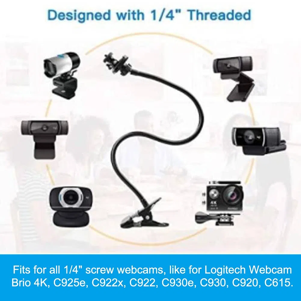 Faderr Supporto per Webcam, Braccio Flessibile a Collo di Cigno con Morsetto per Fotocamera, Compatibile con Logitech C920s, C930e, C930, C920, C922x, C922, Brio 4K, C925e, C615 (Nero)