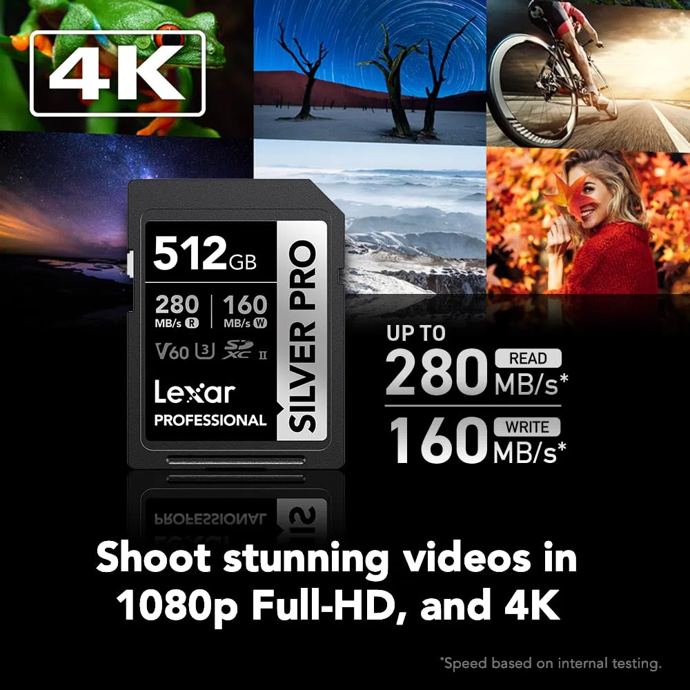 Lexar Scheda di memoria professionale Silver Pro da 512 GB, UHS-II, C10, U3, V60, Full HD, 4K, fino a 280 MB/s in lettura, per fotografi professionisti, videografi e appassionati (LSDSIPR512G-BNNNU)
