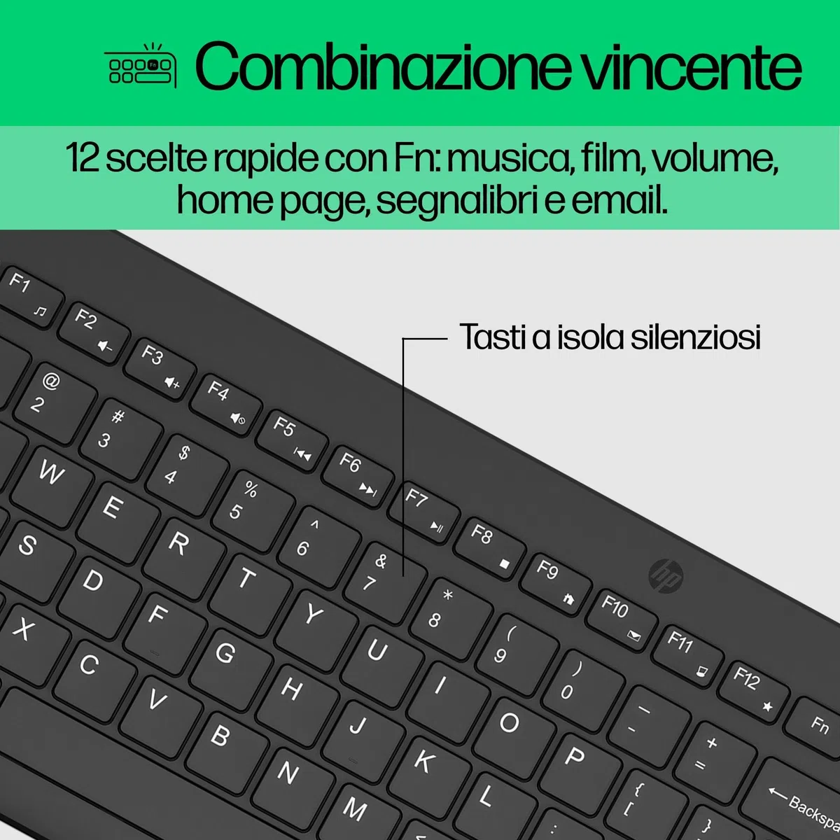 HP 330 Combo Tastiera e Mouse Wireless a 2,4 GHz, Indicatore LED Blocco Maiuscole, 12 combinazioni di tasti, Plug and Play, Mouse sensore ottico da 1600 DPI, Compatibile con Windows 10 e 11, Nera
