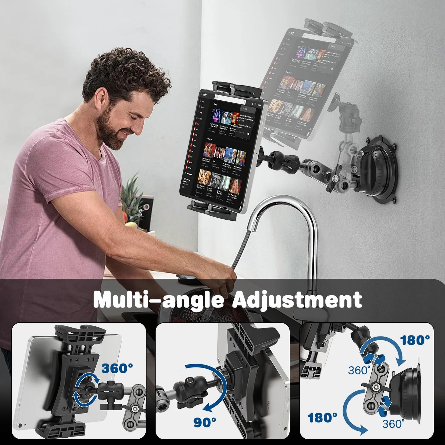 Supporto Tablet Auto, Regolabile a 360° Supporto per iPad Girevole, Stabile e Lavabile, Ventosa in TPU, Per Parete, Auto, Compatibile Con iPad Pro, iPhone, Tablet e telefoni da 4,7-12,9”