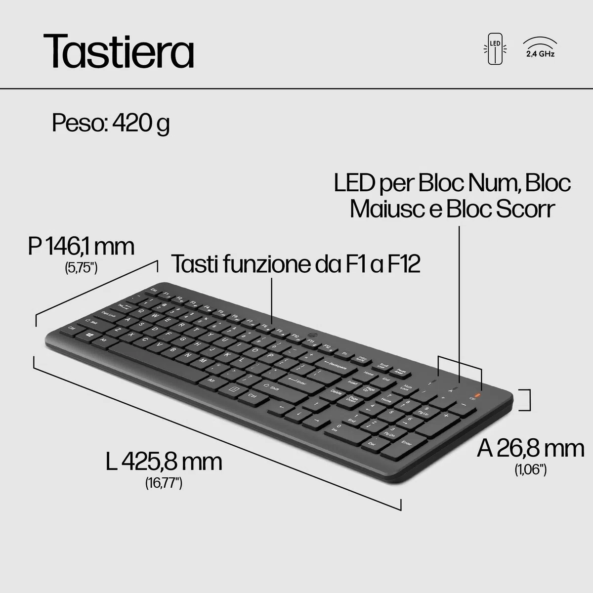 HP 330 Combo Tastiera e Mouse Wireless a 2,4 GHz, Indicatore LED Blocco Maiuscole, 12 combinazioni di tasti, Plug and Play, Mouse sensore ottico da 1600 DPI, Compatibile con Windows 10 e 11, Nera