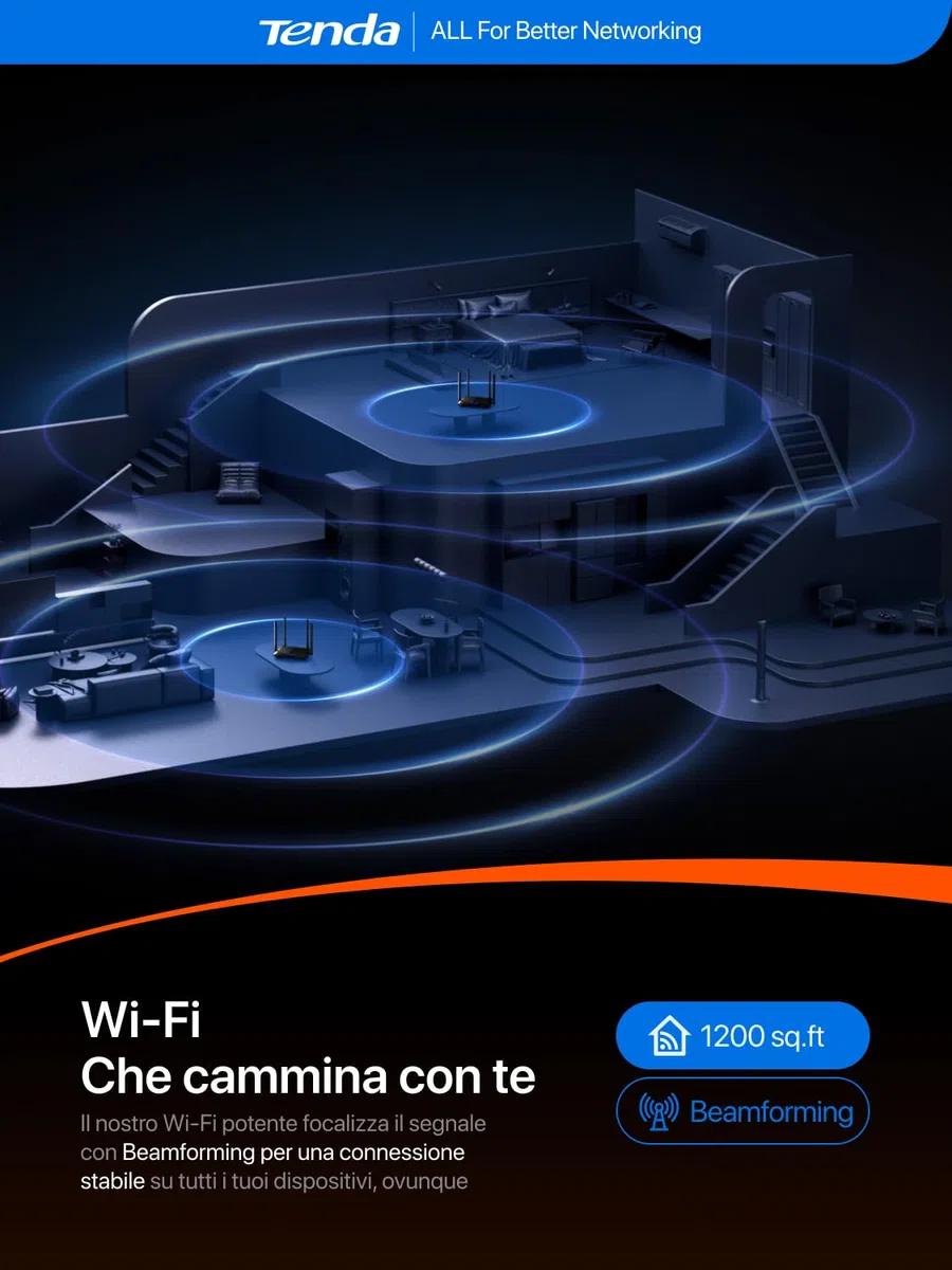 Tenda AC10 Gigabit Router Wi-Fi Dual Band AC1200 Wireless, 4 Porte Gigabit, Parental Control e Rete Ospiti, IPTV, VPN Server, IPv6, WPS, Adatto per Case a Un Piano