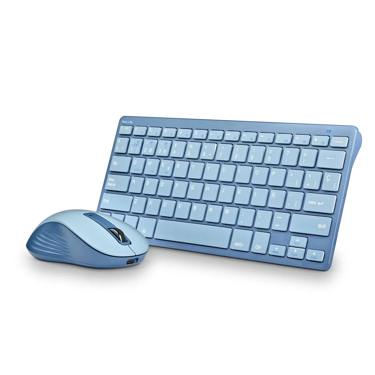NGS Fantasy Kit Blue - Tastiera e mouse wireless QWERTY spagnolo, silenzioso ricaricabile, multimodalità 2.4 GHz e Bluetooth, 12 tasti multimediali, DPI regolabile, blu