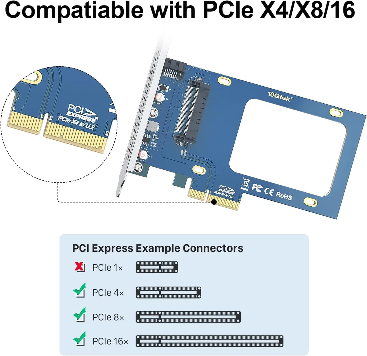 10Gtek U.2 SFF-8639 to PCIe Adapter, PCIe 3.0 x4 Expansion Card for 2.5" U.2 NVMe SSD or 2.5" SATA SSD