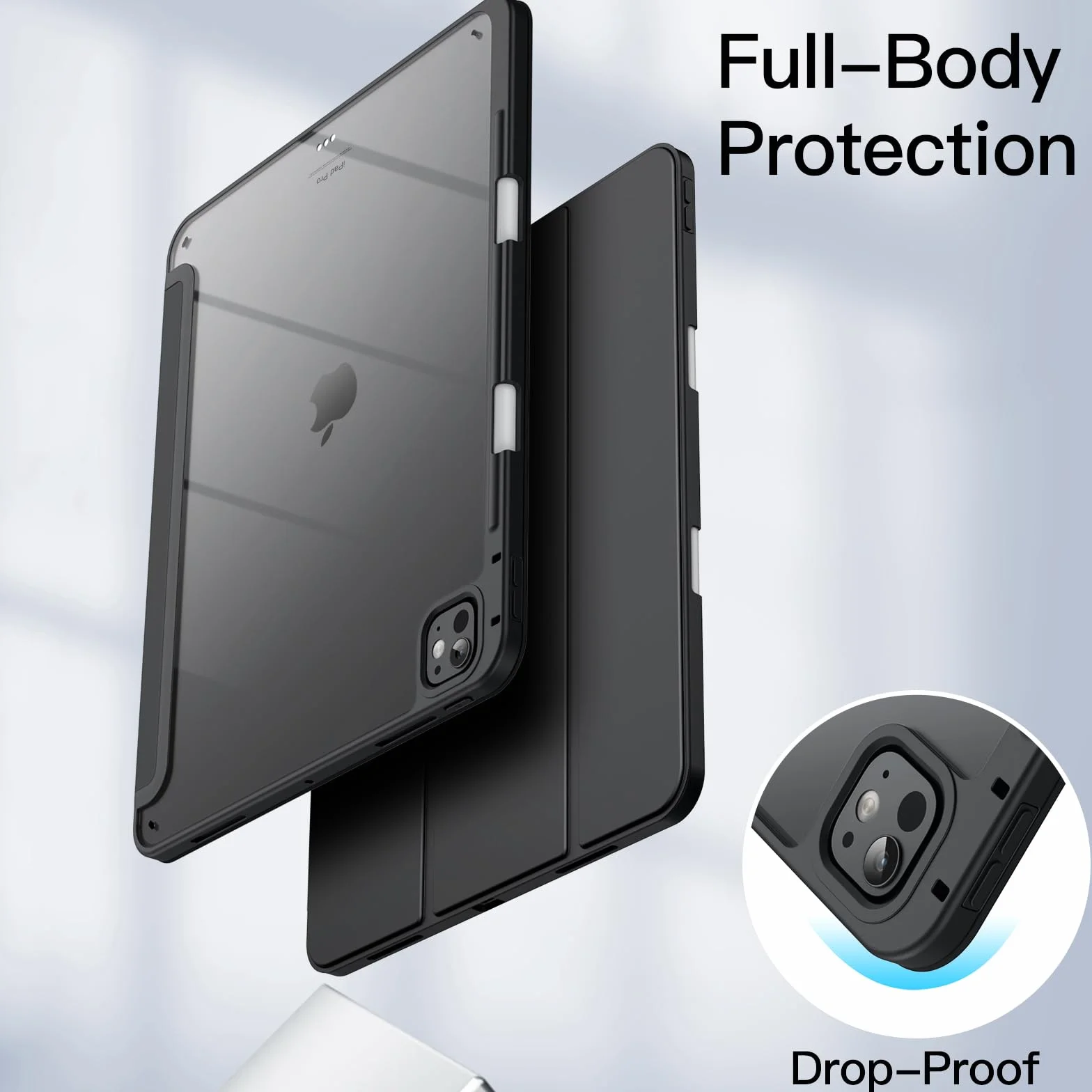 JETech Custodia per iPad Pro 13 Pollici M5/M4 (2025/2024) con Portapenne, Chiaro Trasparente Retro Conchiglia Sottile Supporto Antiurto Tablet Cover (Nero)