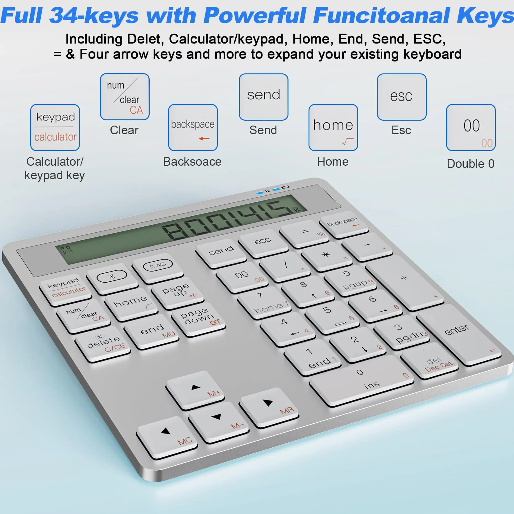 Tastierino Numerico Wireless 2.4G, Ergonomico Portatile Tastierino Numerico Bluetooth 34 Tasti con Calcolatrice Display, Tastierino Numpad Sottile per Laptop, Notebook, Desktop, Computer, PC