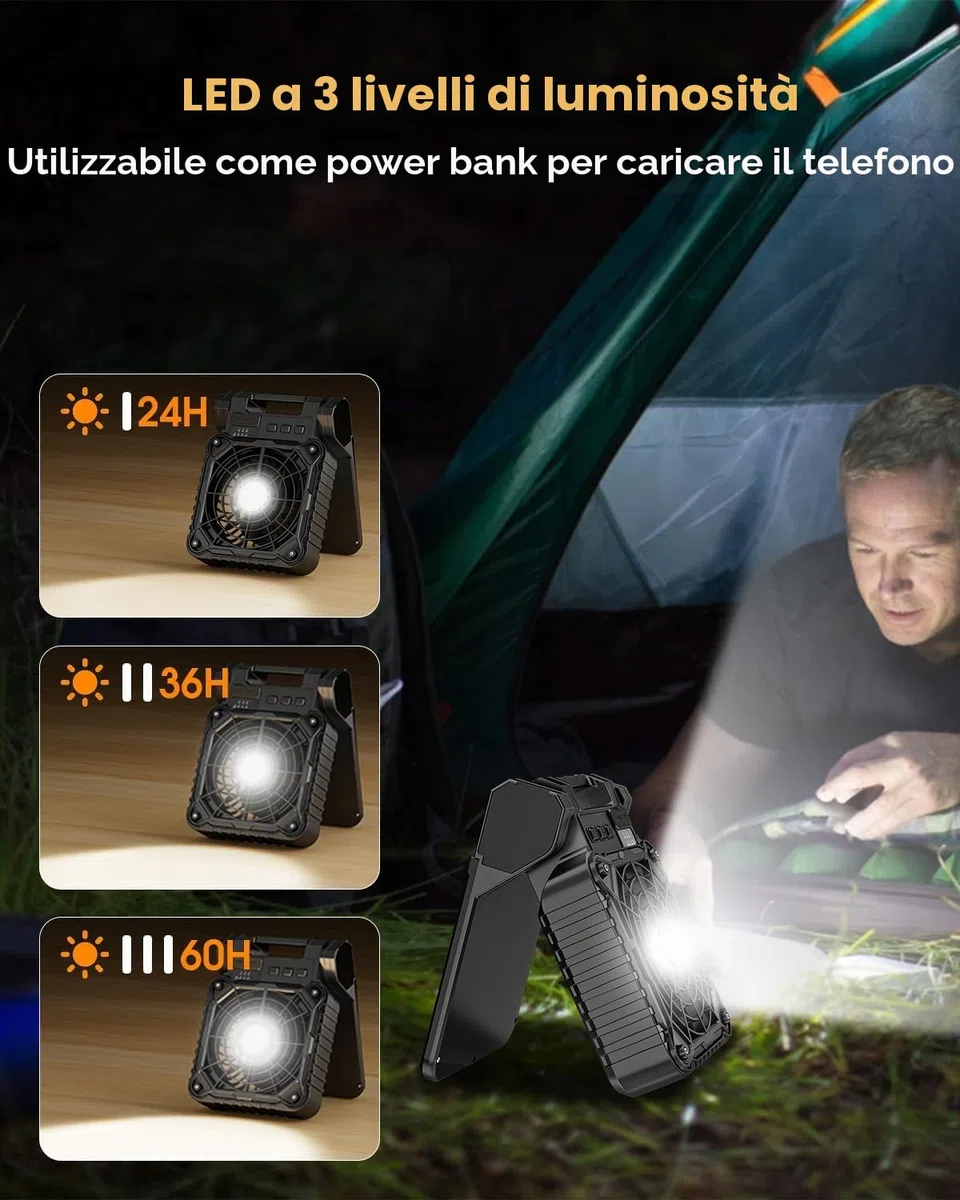 Ventilatore Solare Campeggio 10400 mAh con Lanterna LED, Batteria Ricaricabile, 4 Livelli di Velocità, Timer da 2 a 8 ore, Silenzioso, Ventilatore da Tavolo USB per Tende, Attività all'Aperto