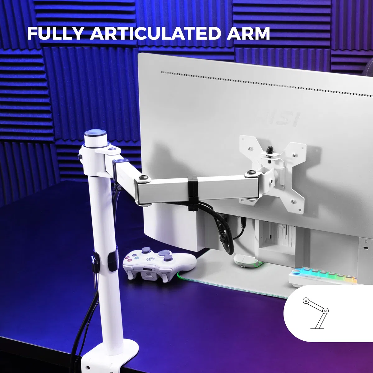 Mars Gaming MARM1 Bianco, Supporto per Monitor a Braccio per Schermi fino a 32", Articolato e Regolabile in Altezza, Telaio Robusto, Compatibile VESA75 e VESA100