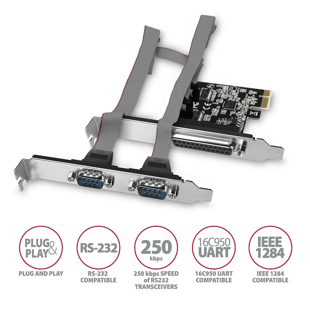 compatible PCEA-PSN PCIe-Adapter mit 1x Parallel- + 2x Seriell-Ports - ASIX AX99100 Chipsatz