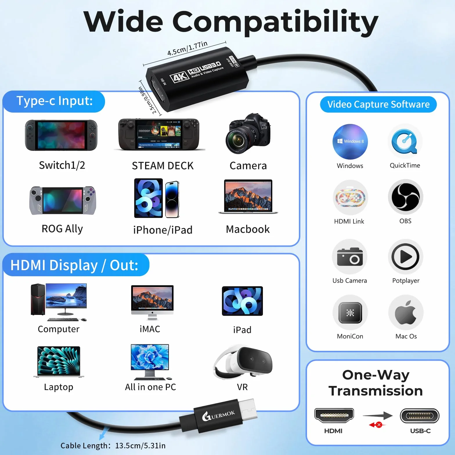 Guermok Scheda di acquisizione HDMI 4K @ 60FPS, 1080P @ 240FPS USB 3.0 HDMI a USB A/C Scheda di acquisizione video per streaming, funziona con Pad, Switch 2/1, PS4/5, Xbox1, Quest3, Mac OS, Windows