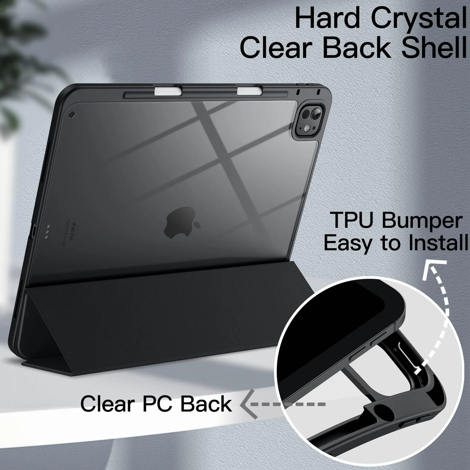 JETech Custodia per iPad Pro 13 Pollici M5/M4 (2025/2024) con Portapenne, Chiaro Trasparente Retro Conchiglia Sottile Supporto Antiurto Tablet Cover (Nero)