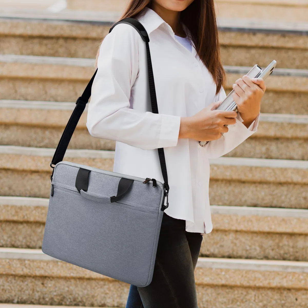 15 Borsa a tracolla per laptop da 15,6 pollici Uomo Donna, Custodia per il trasporto sottile impermeabile Borsa portatile per Acer/Asus/Dell/HP, Grigio