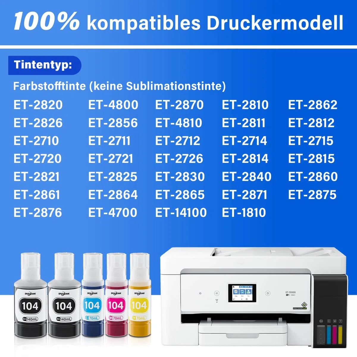 Inchiostro 104 Multipack compatibile per Epson 104 Inchiostro ET-2820 ET-4800 ET-2870 ET-2810 ET-2862 ET-2826 ET-2856 ET-4810 ET-2811 ET-2812 ET-2814 815 E; T-2821 ET-2710 ET-2711 - Stampante (2nero