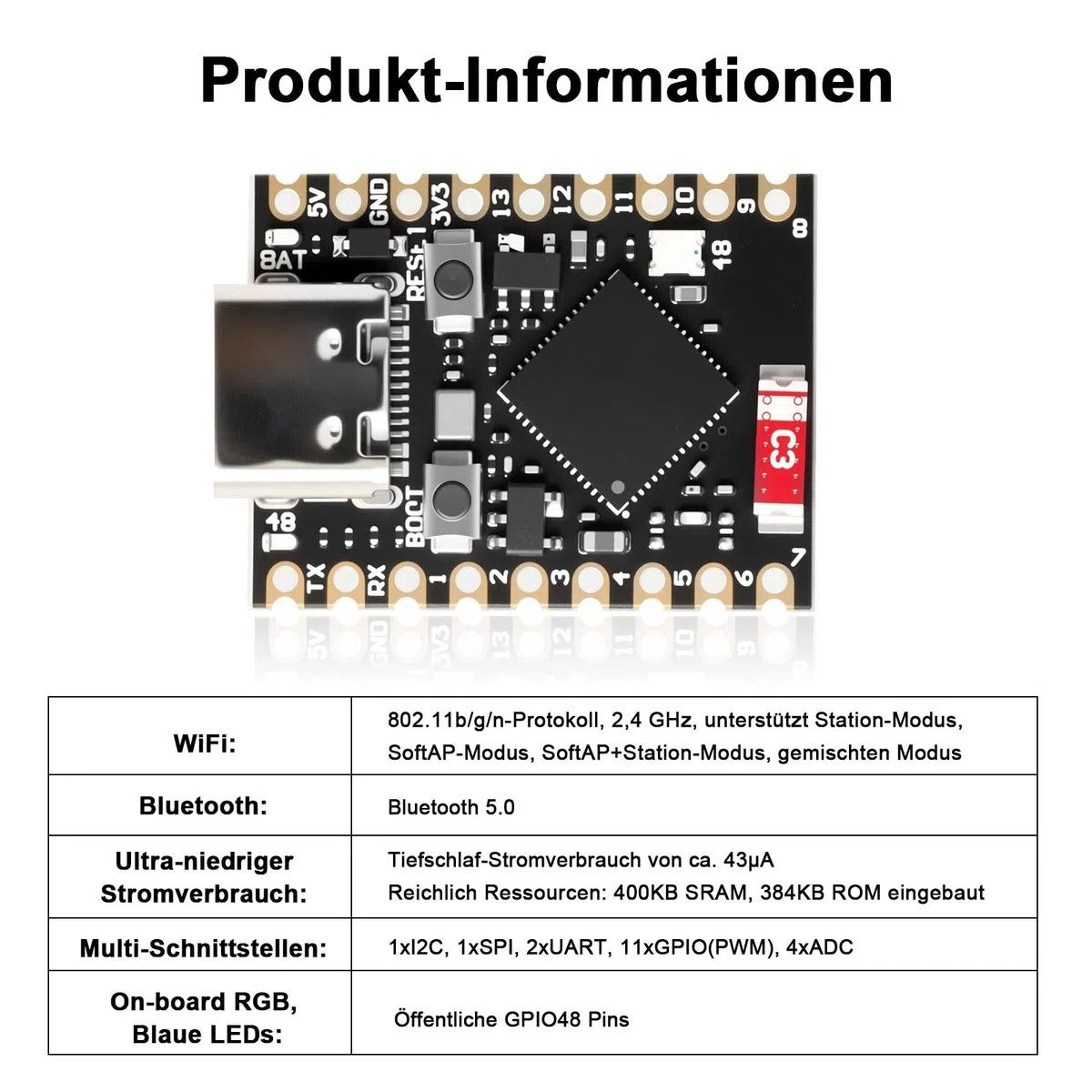 ESP32-S3 - Mini scheda di sviluppo WiFi Bluetooth IoT con processore Dual Core 160 MHz Running Frequency Development Board ard, 2,4 GHz Wi-Fi Mini scheda madre (3 pezzi)