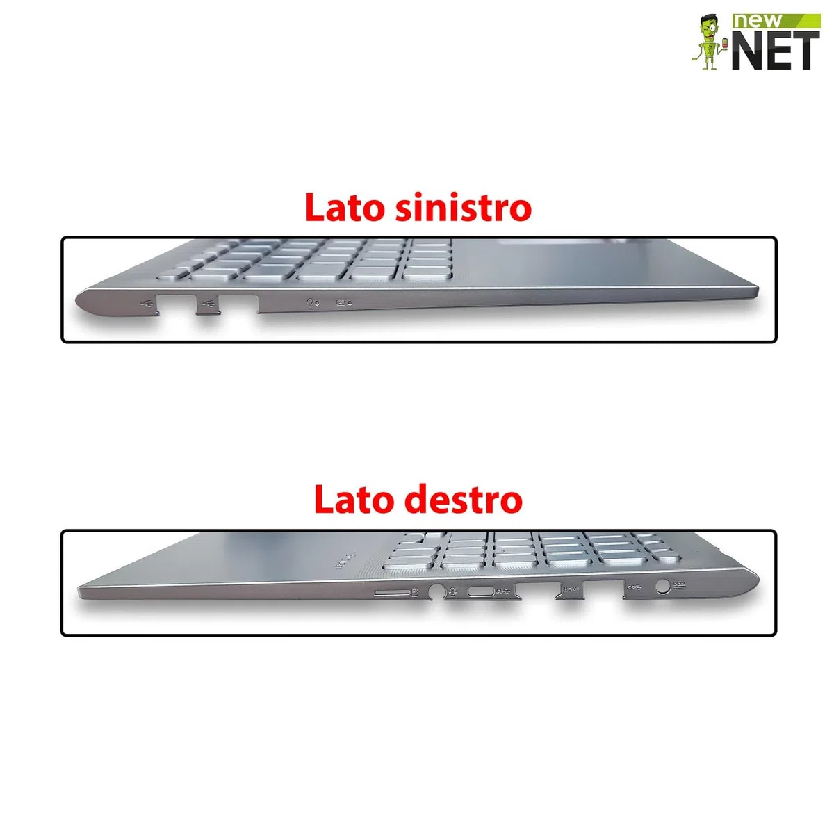 new net - Top Case Palmrest con Tastiera Compatibile con ASUS F512D, F512DA, F512FA, F512FB, F512U, F512UA [Frame Argento - Senza touchpad - Layout ITA]