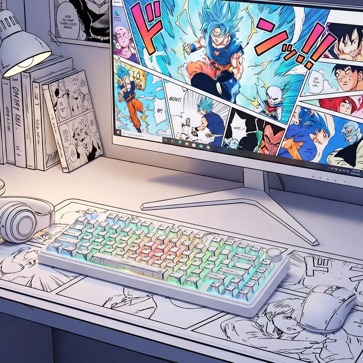 PBT German Keycaps, 128 Keys Manga White Keycap, Retro Style Side Printed Shine Through Dye Sub Keycap for Cherry MX Switch ISO QWERTZ Layout Meccanical Keyboards