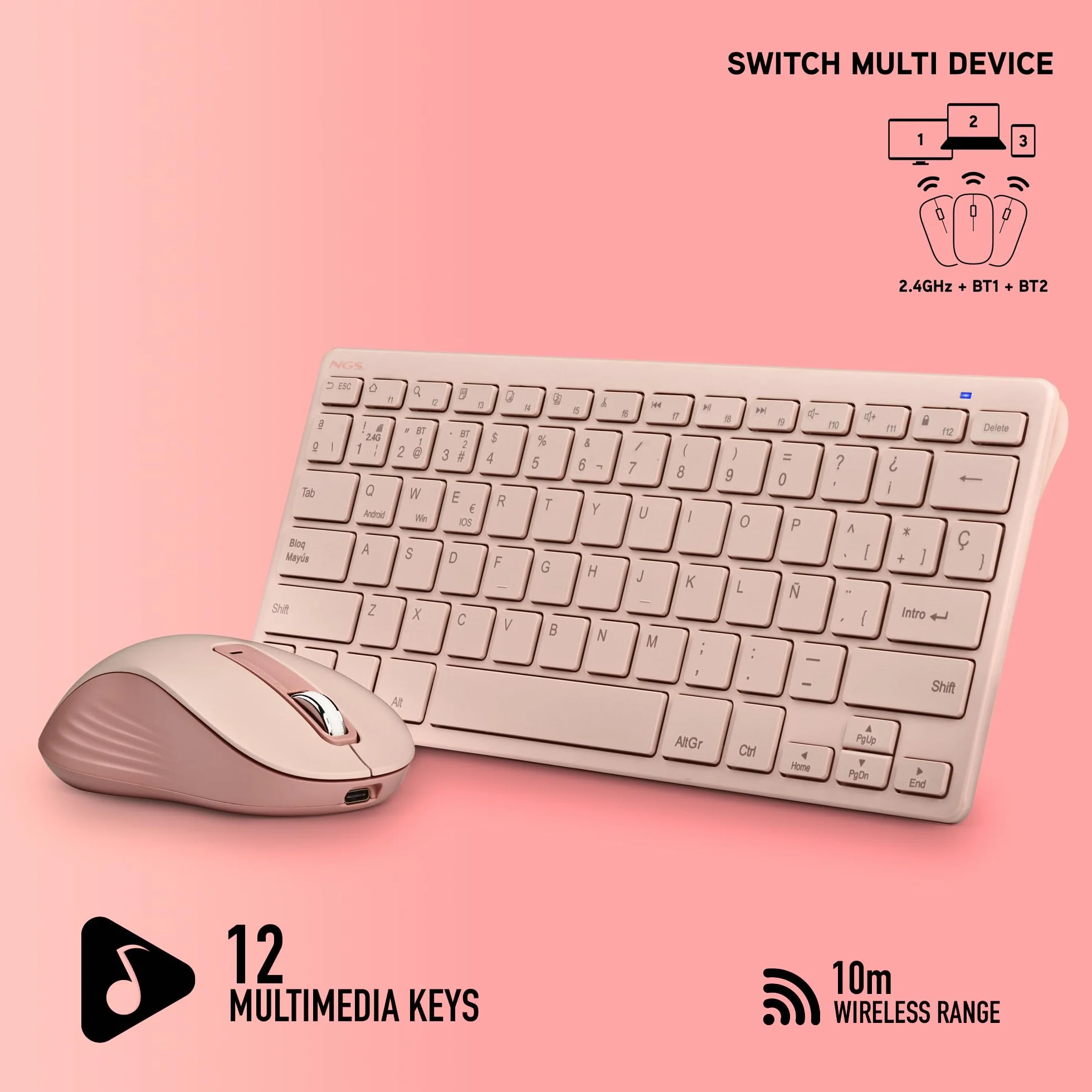 NGS Fantasy Kit Pink – Tastiera e mouse wireless spagnolo QWERTY, silenzioso ricaricabile, multimodalità 2.4 GHz e Bluetooth, 12 tasti multimediali, DPI regolabile, colore rosa