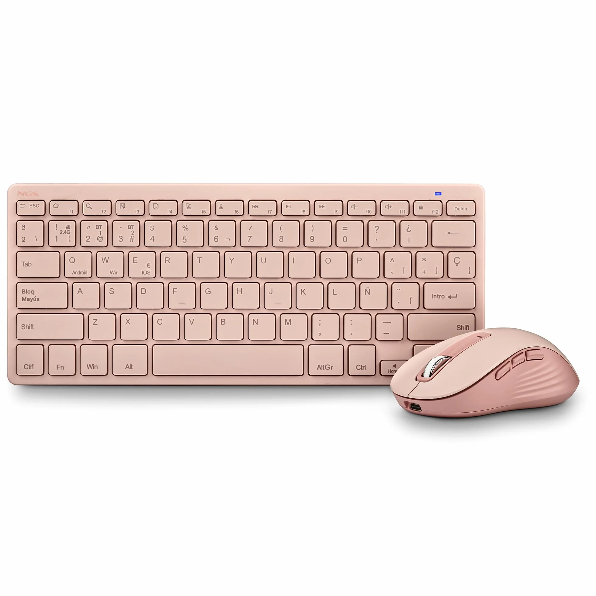 NGS Fantasy Kit Pink – Tastiera e mouse wireless spagnolo QWERTY, silenzioso ricaricabile, multimodalità 2.4 GHz e Bluetooth, 12 tasti multimediali, DPI regolabile, colore rosa