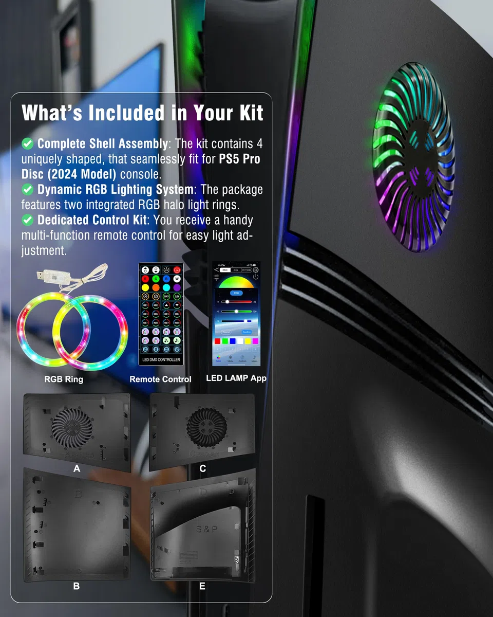 Joso Pannello frontale per PS5 Pro Disc Edition, custodia di ricambio antigraffio antipolvere con anello RGB, copertura adatta per PS5 Pro (CD-ROM), piastre per accessori PS5 Pro, nero