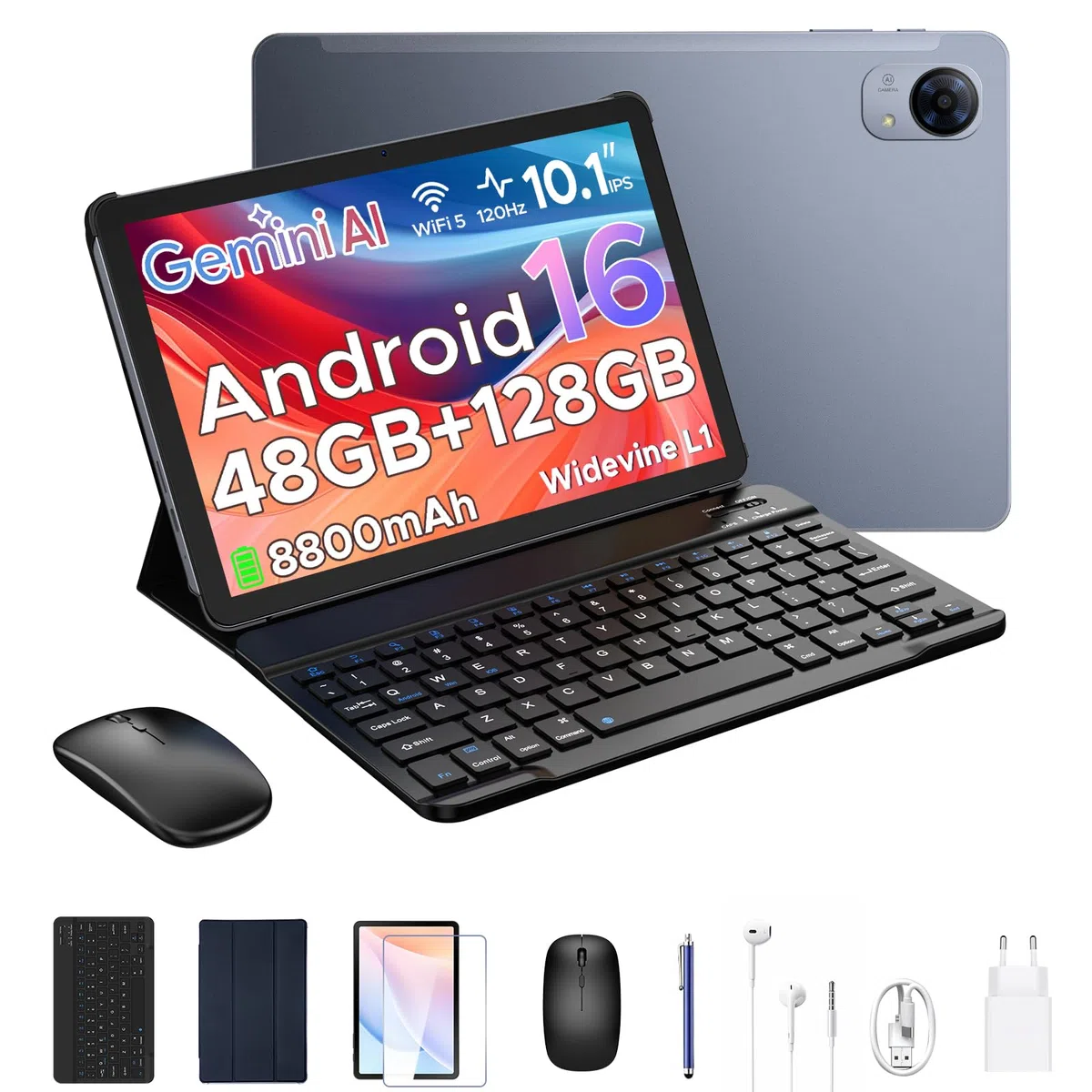 P10 Pro Tablet Android 16, Tablet 10 Pollici con Gemini AI, 120Hz, Octa-Core T7250, 48GB RAM+128GB ROM/2TB TF, 8800mAh, 13MP+5MP, Face ID/GPS/FM/Jack 3,5 mm, Tablets con Tastiera e Penna, Grigio