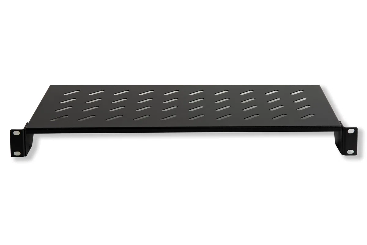 LINK LKRIP200N - Mensola in acciaio per armadio rack 19" (200 mm profondità, nero RAL9005) – Superficie traforata per ventilazione – Portata 30 kg e attacchi frontali universali