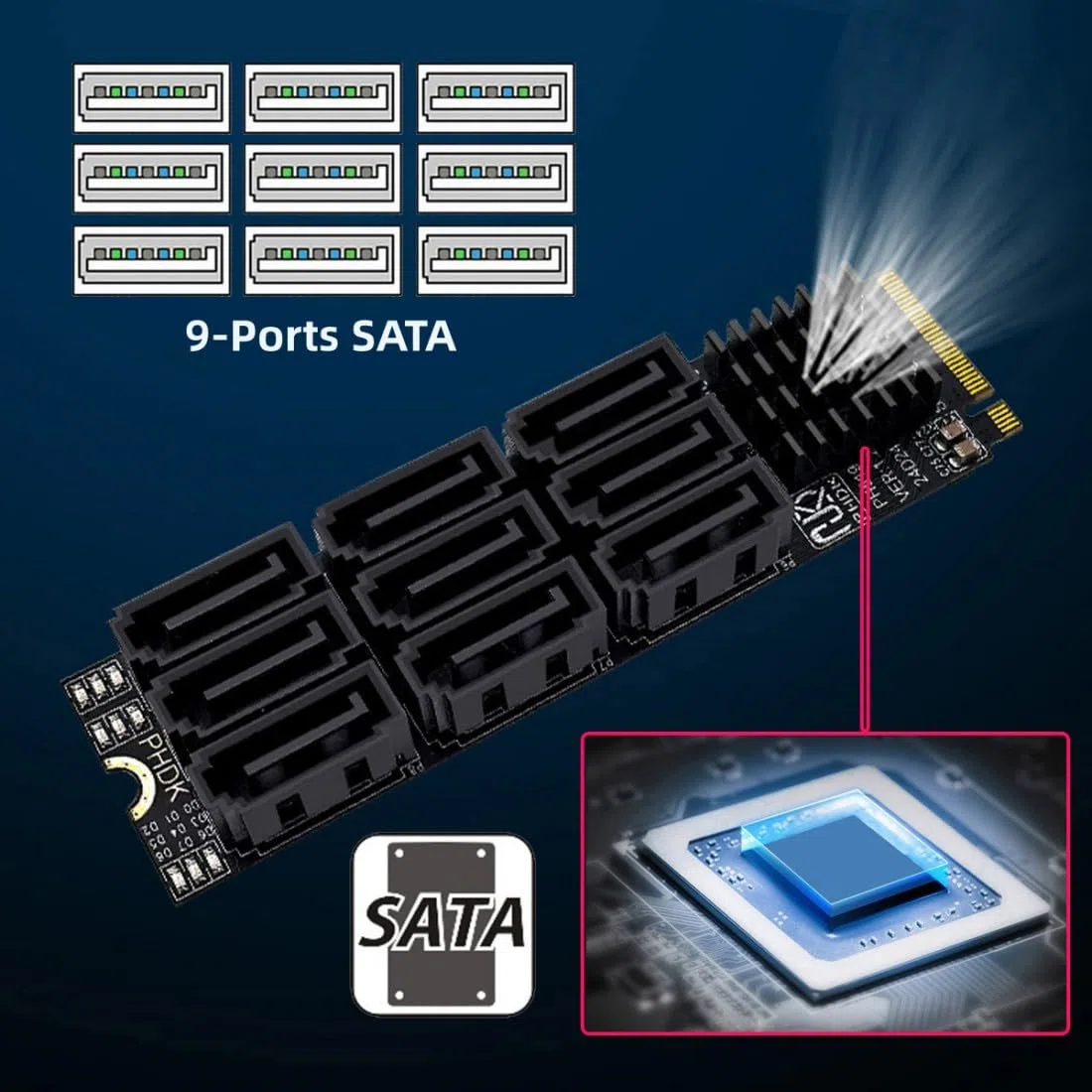 chenyang Adattatore da 9 porte M.2 a SATA 3.0, adattatore PCIe 3.0 a SATA III da 6 Gbps con spia intelligente