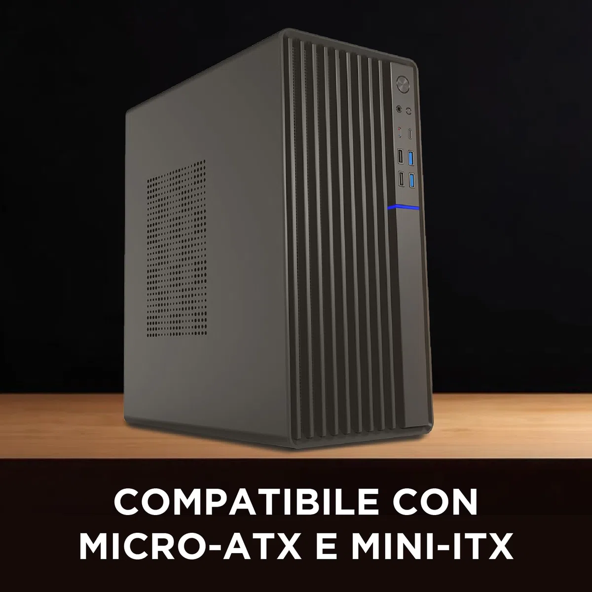 Nuwo Quartz QK300 | Case PC Compatto Micro-ATX Senza Alimentatore | Compatibile con MicroATX e Mini-ITX | Raffreddamento a Rete Frontale | USB 3.0 e Type-C, Nero