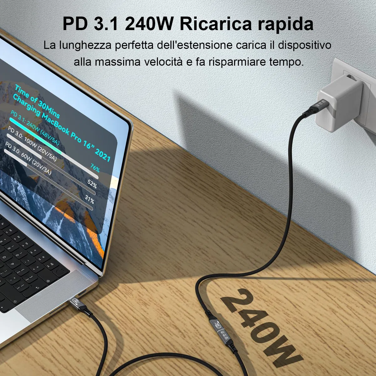 Prolunga Thunderbolt 4 2 metri, USB 4 40Gbps Prolunga USB Type C, 240W 48/5A Cavo Prolunga Thunderbolt 8K@60Hz 4K@144Hz per Thunderbolt 5, Switch, MacBook, iPad Pro, VR, SSD