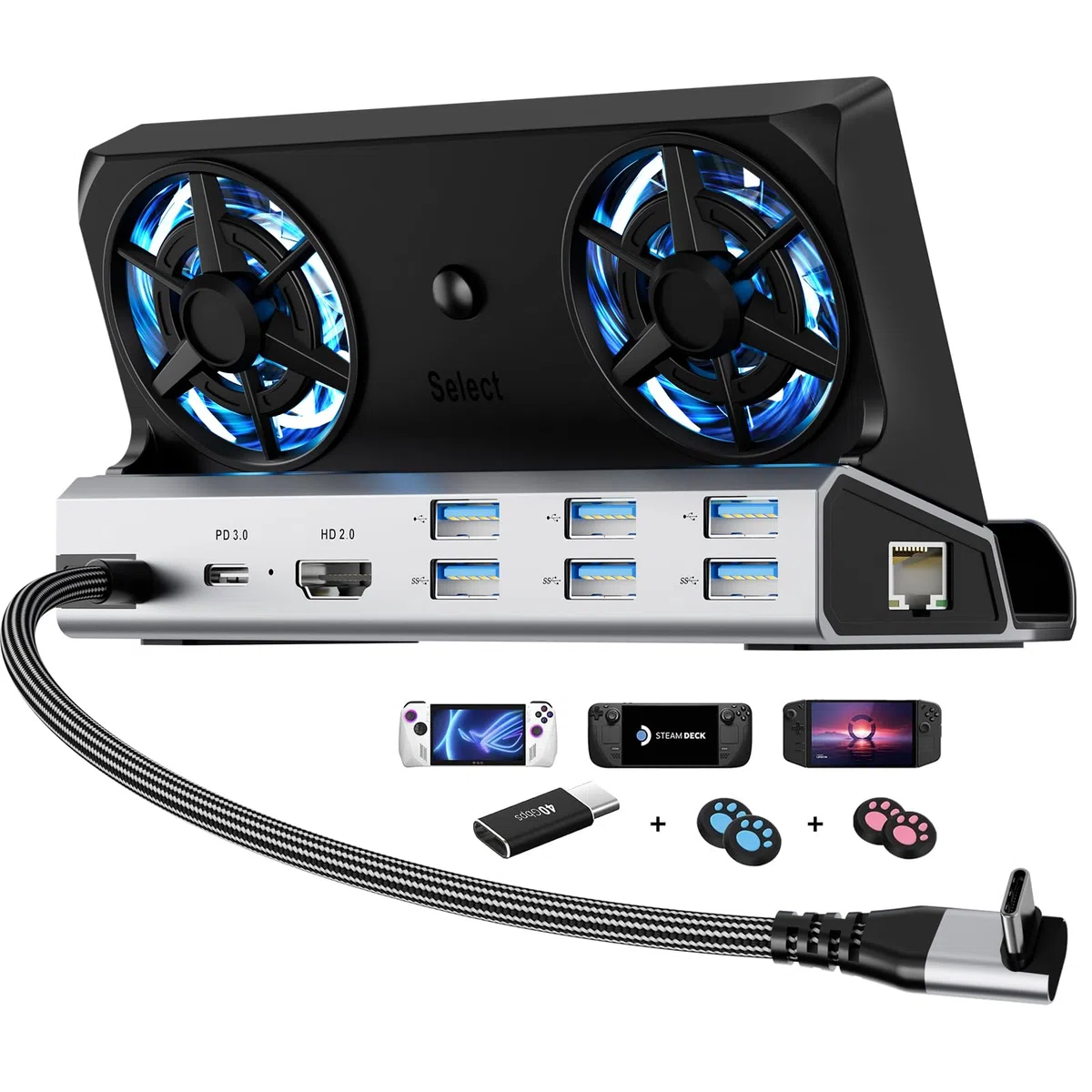 Dual Cooling Fans 9-in-1 Steam Deck Docking Station with HD 2.0,6 USB Ports,RJ45 1000Mbps,USB-C 100W PD, 40Gbps Adapter per Steam Deck/Rog Ally/Switch/Legion Go