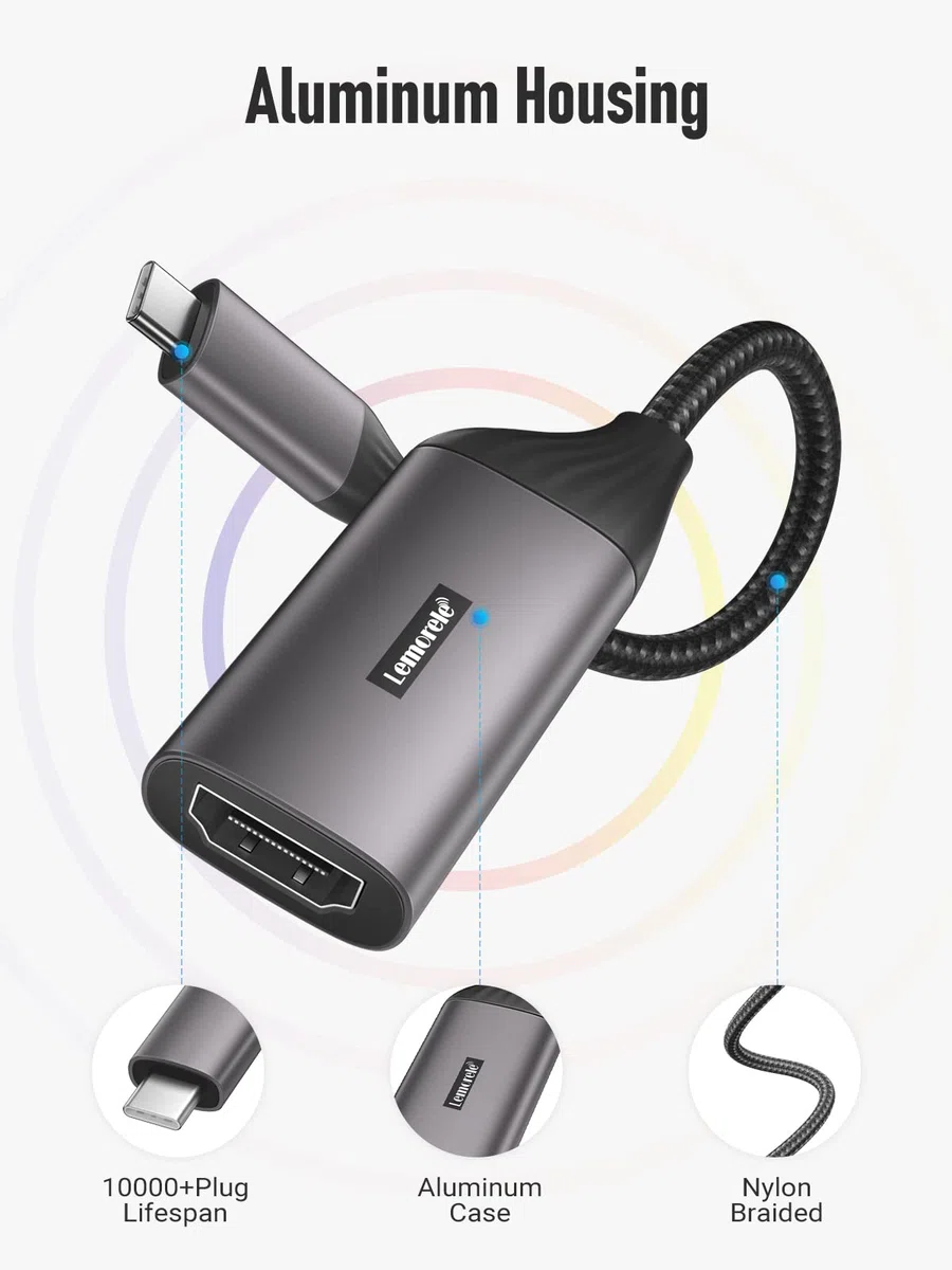 Lemorele Adattatore USB C HDMI(4K@30Hz), USB C HDMI con Alloggiamento in Alluminio e Cavo in Nylon, Adattatore HDMI Compatibile con MacBook Air/Pro M1, iPad M1, Cellulare, Switch, Windows e altro