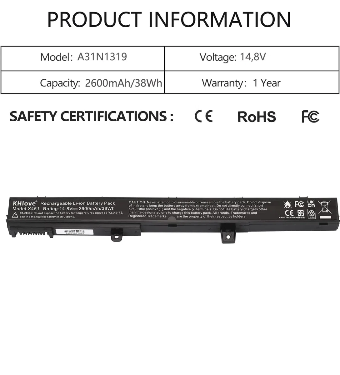 A31N1319 A31LJ91 Laptop Batteria per Asus X551 X551C X551CA X551M X551MA X551MAV R512 R512C D550 D550C D550M F551C F551CA F551M F751L R508CA R512CA X451 X451CA X451MAV X751L A41N1308 A31LJ21