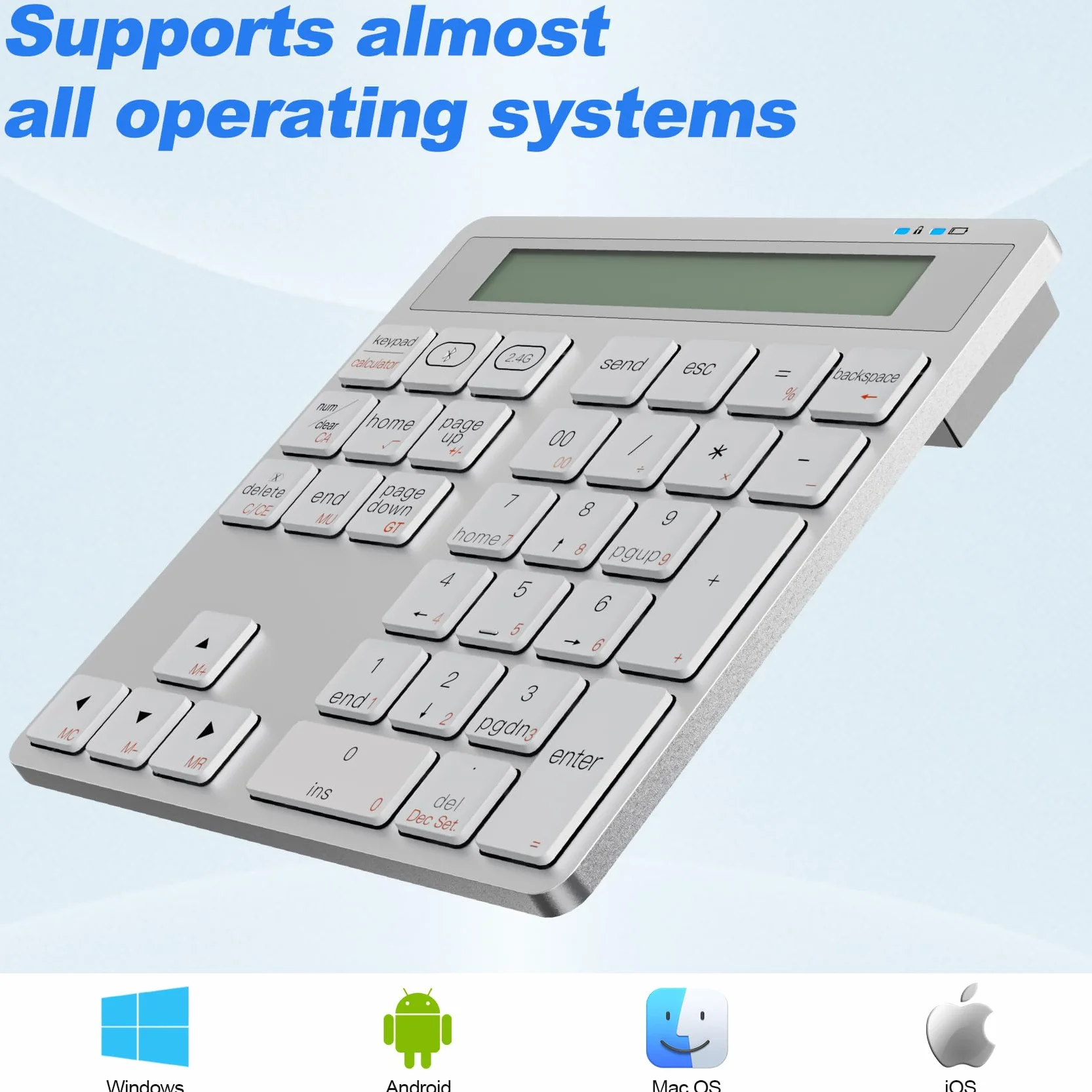 Tastierino Numerico Wireless 2.4G, Ergonomico Portatile Tastierino Numerico Bluetooth 34 Tasti con Calcolatrice Display, Tastierino Numpad Sottile per Laptop, Notebook, Desktop, Computer, PC