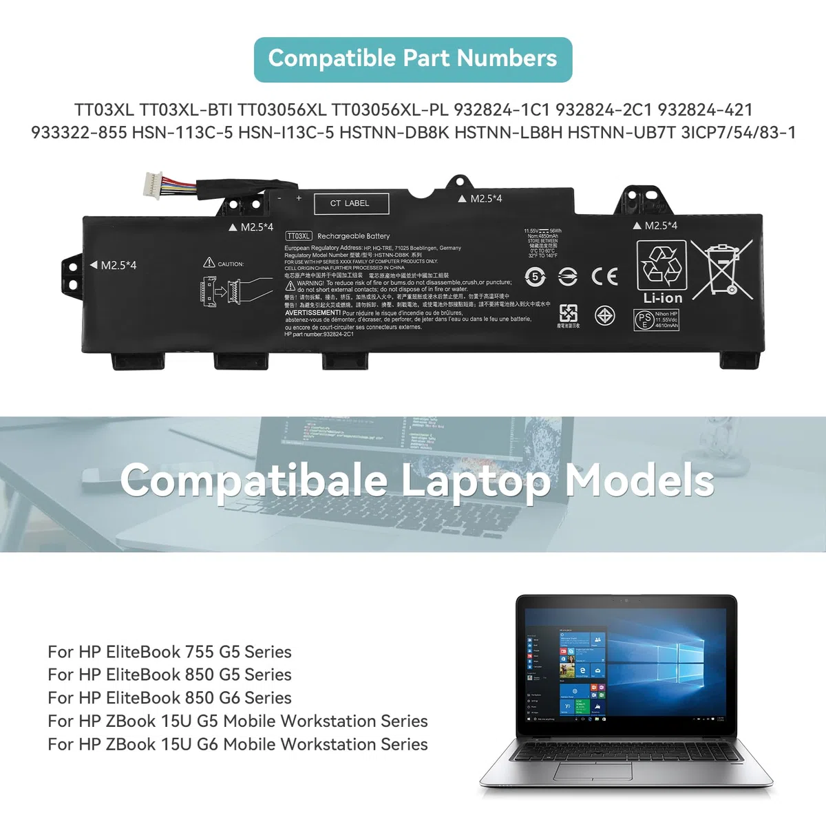 56Wh TT03XL TT03056XL-PL Batteria per HP EliteBook 755 G5 EliteBook 850 G5 G6, ZBook 15U G5 15U G6 Mobile Workstation Series TT03XL-BTI HSN-I13C-5 HSN-113C-5 HSTNN-LB8H HSTNN-DB8K Notebook Battery