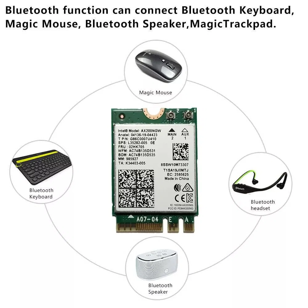 Scheda adattatore Intel WiFi 6 AX200 M.2, Dual Band 802.11ax, fino a 2,4 Gbps, Bluetooth 5.2, compatibile con Windows 10/11