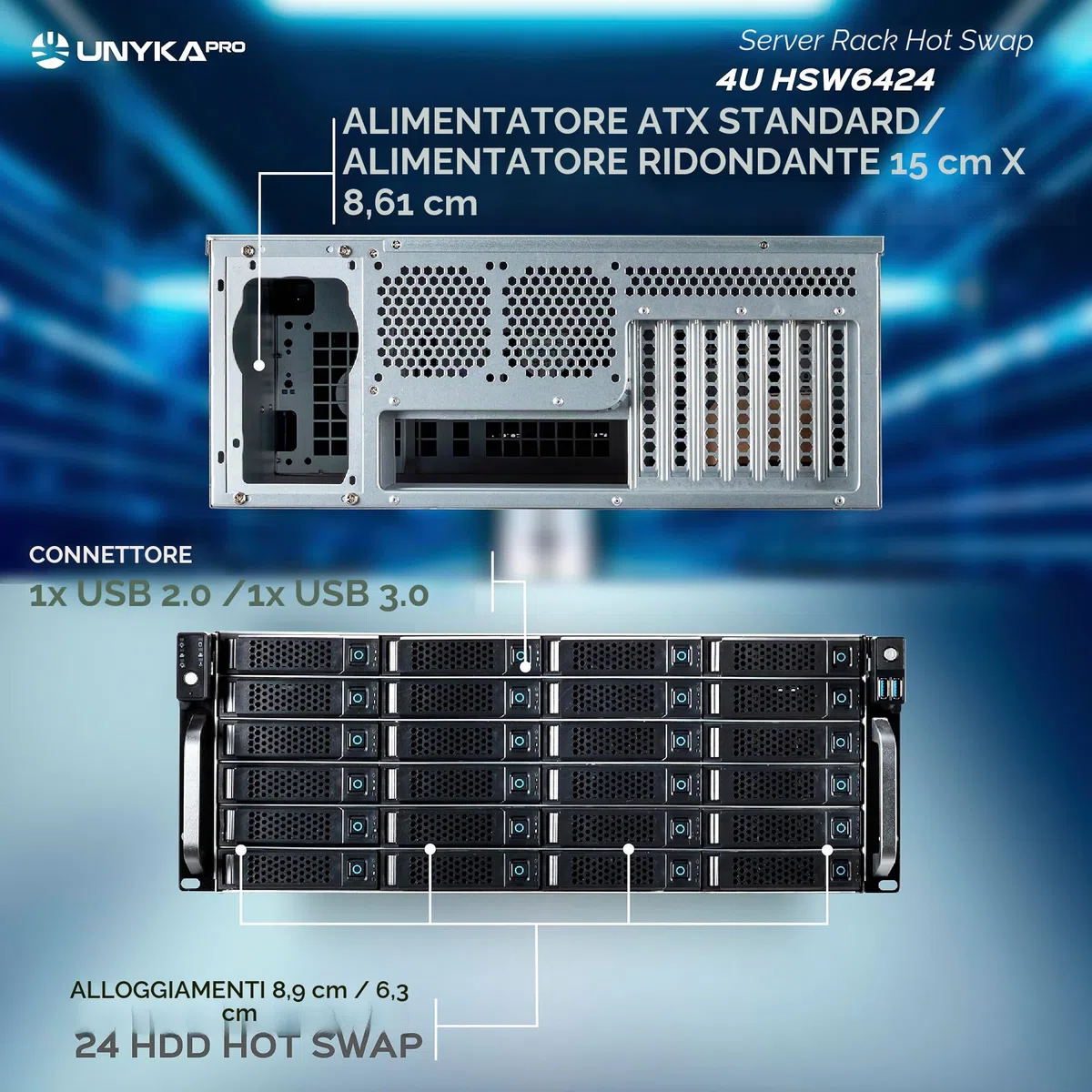 UNYKAch Chassis Server Rack Hot Swap 4U / 24 alloggiamenti