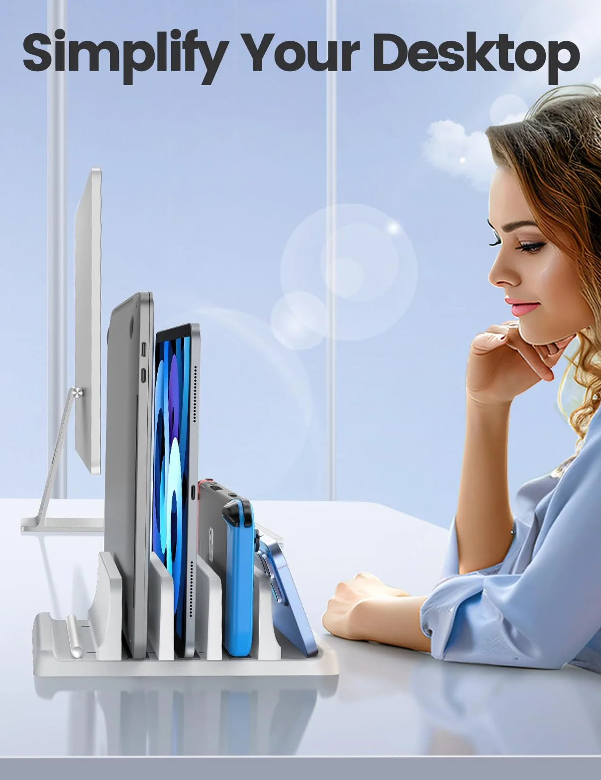 VAYDEER Supporto verticale per laptop, supporto verticale 3 in 1 salvaspazio per posizionamento verticale, compatibile con MacBook Air, MacBook Pro, iPad, tablet notebook fino a 17,3 pollici, bianco