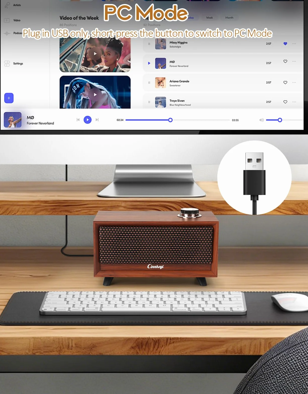 Barra sonora in legno - Altoparlanti per PC alimentati tramite USB | /Line-in/Bluetooth 3 modalità, barra sonora stereo compatta in legno per notebook, laptop, monitor, tablet