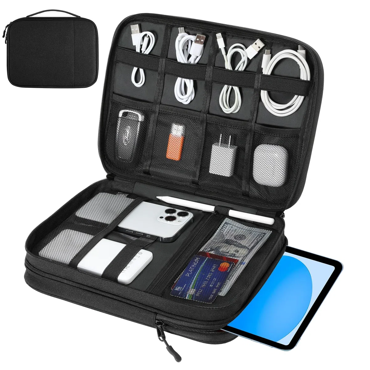 Dadanism Organizer Cavi Borsa da Viaggio Organizzatore Cavi, Organizzatore di Accessori da Viaggio a Doppio Strato per Tablet, Cavi, Phone, Caricatore, Chiavetta USB, Power Bank, Hard Disk, Nero