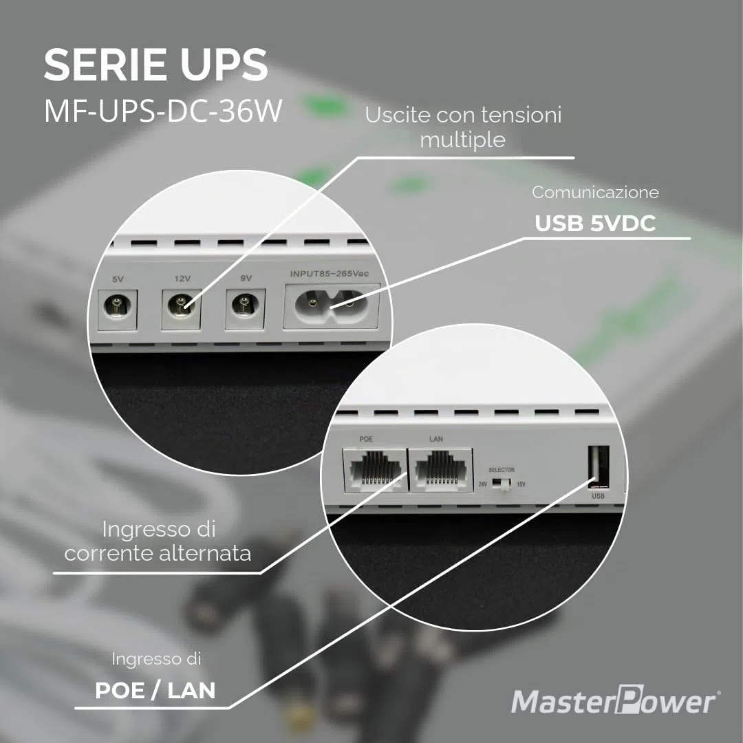 Master U-Power Mini UPS 7.4V 4000mAh 36W – Gruppo di Continuità per WiFi, Router, Modem e Telecamere IP – Ingresso AC, Uscite USB/DC/PoE 5V 9V 12V 15V 24V