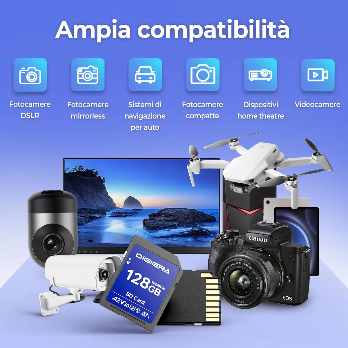 Scheda di Memoria SDXC UHS-I CS100 da 128 GB - Fino a 100 MB/s, C10, U3, V30, 4K UHD, per Computer, Fotocamere Digitali, Dispositivi Home Theatre, Navigatori Auto (Confezione da 1)