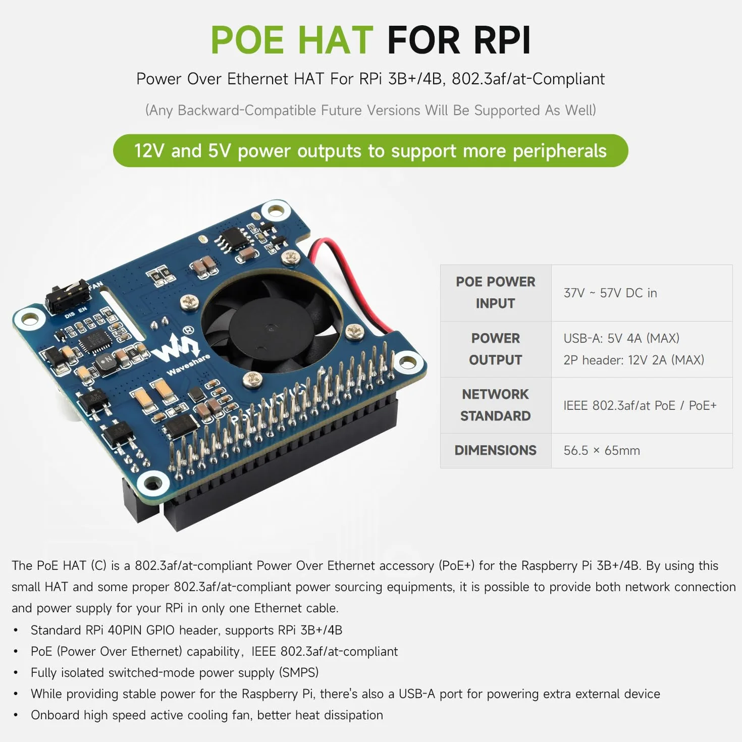 Waveshare PoE HAT (C) For Raspberry Pi 3B+/4B, 802.3af/at Power-Sourcing Equipment Required