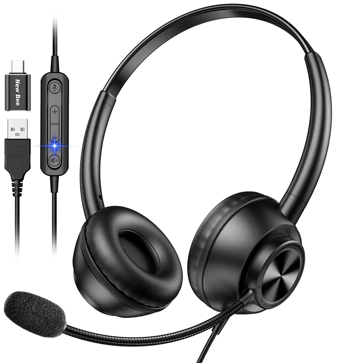New Bee Cuffie con Microfono per PC, Cuffie con Microfono, cuffia per PC con USB-A e USB-C, per call center/conferenze telefoniche/chat Skype/corsi online