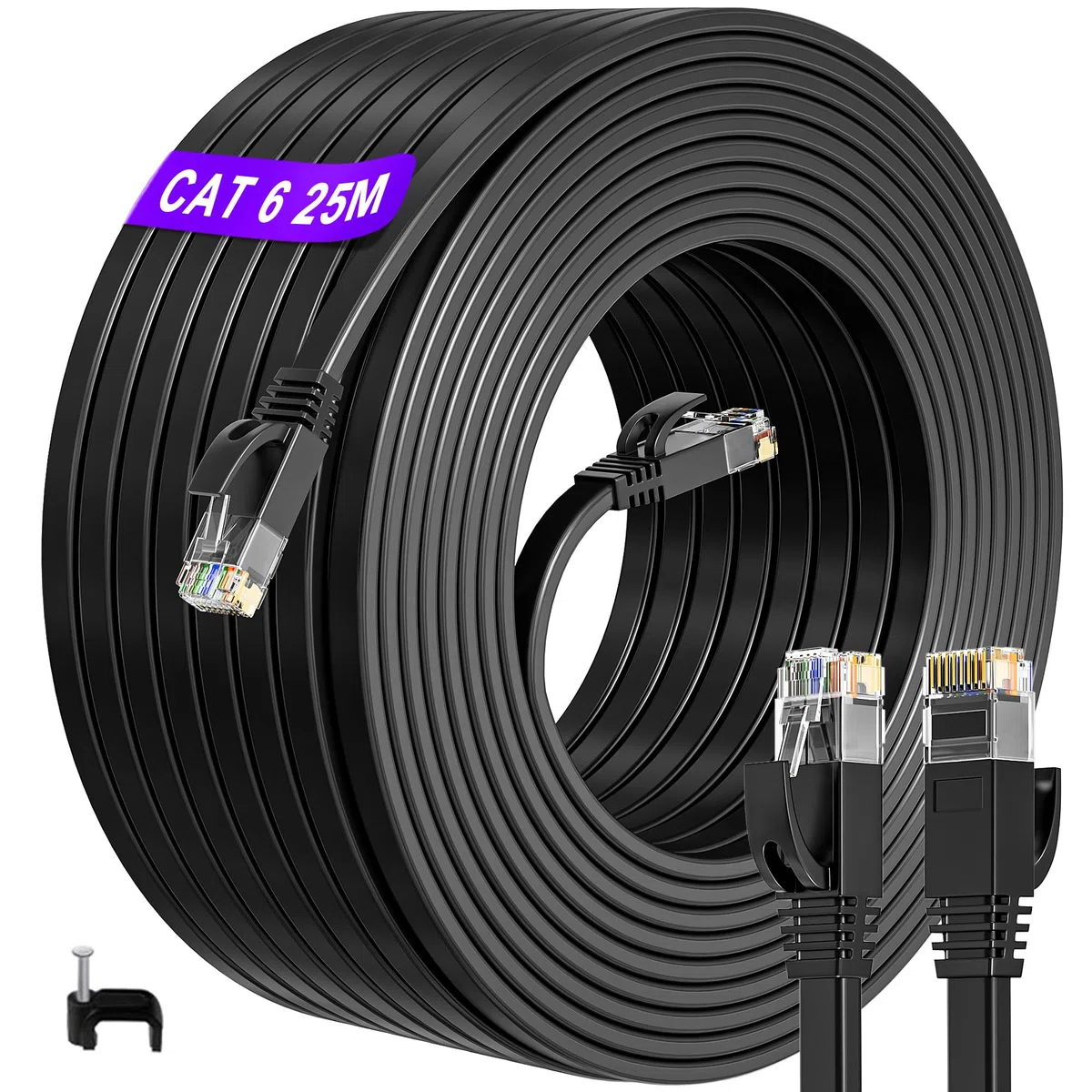 ikbc Cavo Ethernet 25 metri, Cavo Rete Cat 6 25 metri Alta Velocità, Piatto RJ45 Cavo Internet 25 m Nero, Gigabit Cavo Lan per Interno, Compatibile con PS5/PS4 Router Modem (25 Fermacavo)