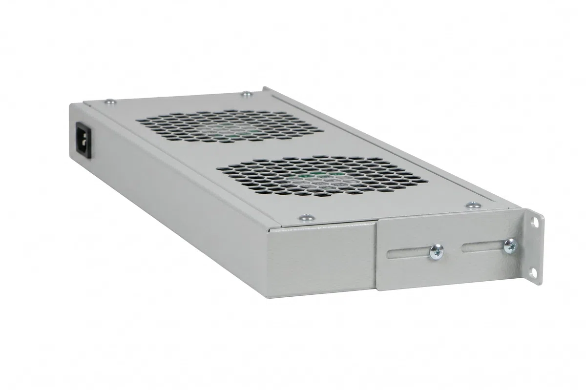SABAJ M&D Unità di Ventilazione 2 Ventole con Termostato 19" 1U per Armadio Rack e Armadio di Rete – Profondità Regolabile – Cavo 1,8 m Incluso – Grigio RAL 7035