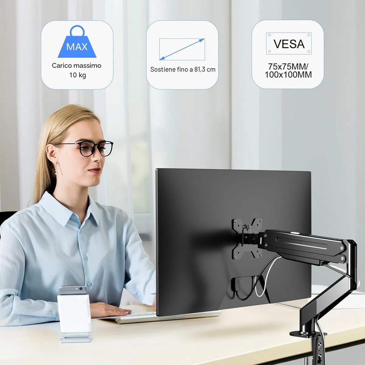 suptek Supporto per Monitor Braccio per Monitor con Molla a Gas Regolabile in Altezza per Schermi da 17-32 pollici, VESA 75/100 mm, fino a 10 kg, Ergonomico, Nero