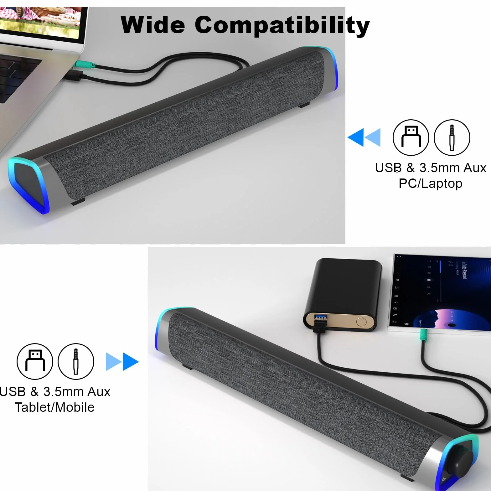 SOULION R30 Altoparlanti PC, Alimentazione USB Altoparlanti Computer, 3.5mm AUX, Luci LED Colorate con Pulsante di Interruttore, Casse PC Surround Soundbar per Computer, Portatile, Laptop, Desktop