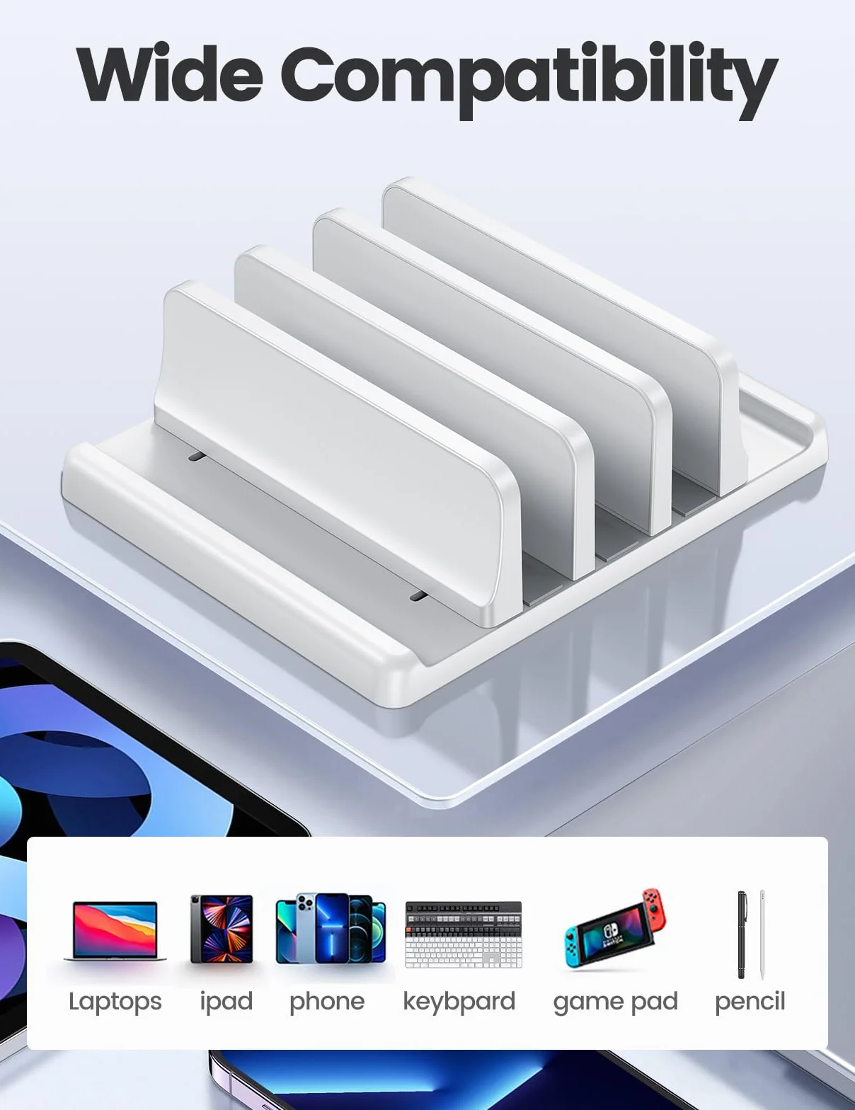 VAYDEER Supporto verticale per laptop, supporto verticale 3 in 1 salvaspazio per posizionamento verticale, compatibile con MacBook Air, MacBook Pro, iPad, tablet notebook fino a 17,3 pollici, bianco