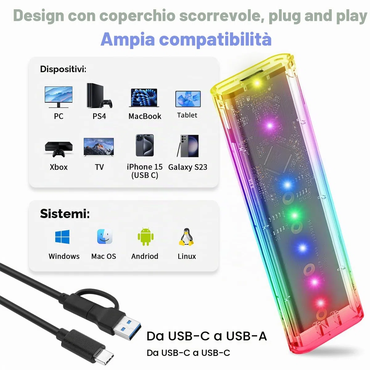 ELUTENG Case SSD M.2 NVMe USB 3.1 10Gbps Adattatore SSD M2 NVMe Senza Attrezzi Esterno Adattatore NVMe per PCIe M-Key SSD 2230/2242/2260/2280 Supporto UASP & Trim con Cavi USB C a C/A (Transaprent)